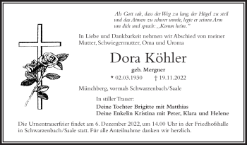 Traueranzeige von Dora Köhler von Frankenpost