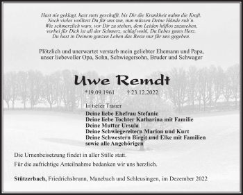 Traueranzeige von Uwe Remdt von Südthüringer Presse