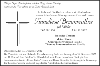 Traueranzeige von Anneliese Braunreuther von Neue Presse Coburg