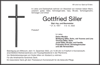 Traueranzeige von Gottfried Siller von Frankenpost