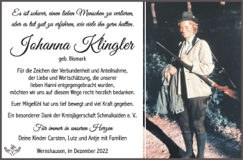 Traueranzeige von Johanna Klinger von Südthüringer Presse