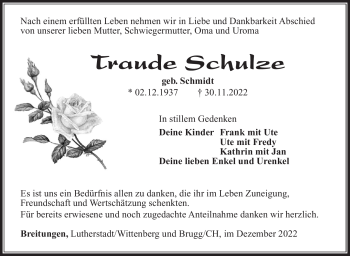 Traueranzeige von Traude Schulze von Südthüringer Presse
