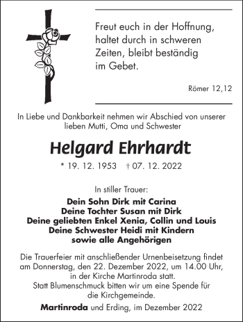 Traueranzeige von Helgard Ehrhardt von Südthüringer Presse