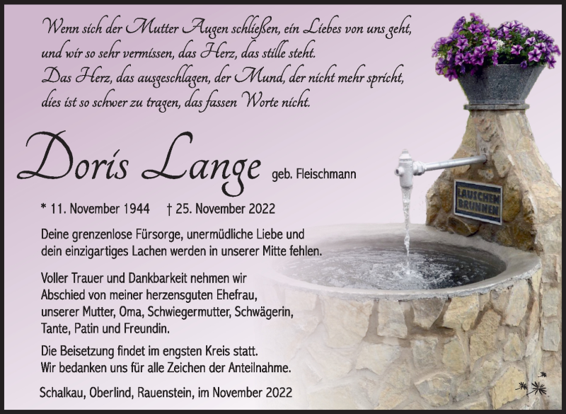  Traueranzeige für Doris Lange vom 10.12.2022 aus Südthüringer Presse