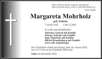 Traueranzeige von Margareta Mohrholz von Südthüringer Presse