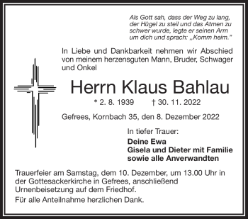 Traueranzeige von Klaus Bahlau von Frankenpost
