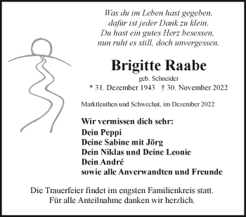 Traueranzeige von Brigitte Raabe von Frankenpost
