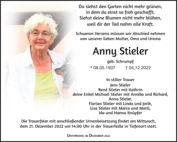 Traueranzeige von Anny Stieler von Südthüringer Presse