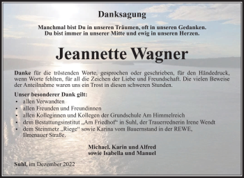 Traueranzeige von Jeannette Wagner von Südthüringer Presse