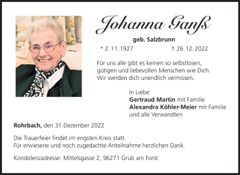 Traueranzeige von Johanna Ganß von Neue Presse Coburg