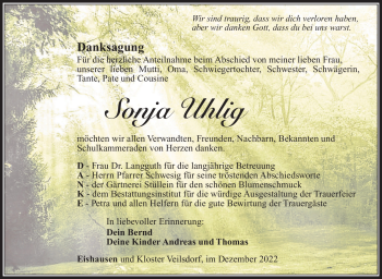 Traueranzeige von Sonja Uhlig von Südthüringer Presse