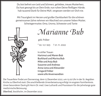 Traueranzeige von Marianne Bub von Südthüringer Presse