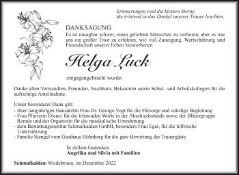 Traueranzeige von Helga Luck von Südthüringer Presse