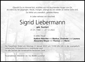 Traueranzeige von Sigrid Liebermann von Neue Presse Coburg