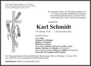 Traueranzeige von Karl Schmidt von Südthüringer Presse