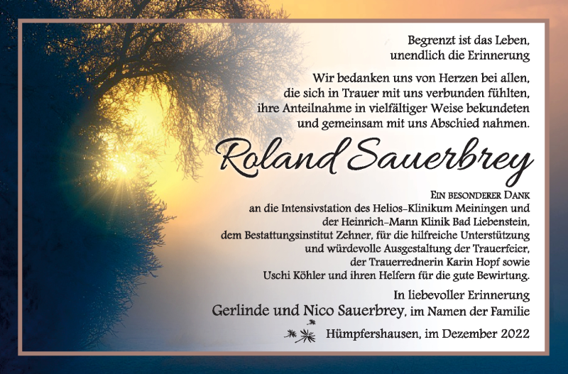  Traueranzeige für Roland Sauerbrey vom 31.12.2022 aus Südthüringer Presse