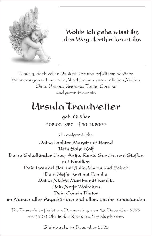  Traueranzeige für Ursula Trautvetter vom 10.12.2022 aus Südthüringer Presse