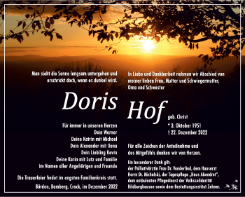 Traueranzeige von Doris Hof von Südthüringer Presse