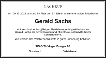 Traueranzeige von Gerald Sachs von Südthüringer Presse