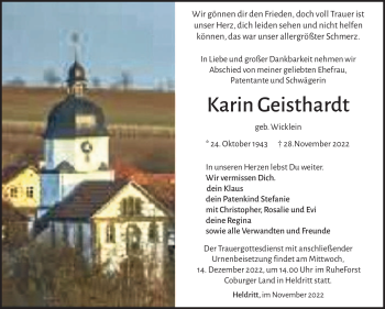 Traueranzeige von Karin Geisthardt von Südthüringer Presse