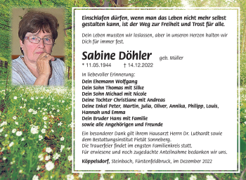 Traueranzeige von Sabine Döhler von Südthüringer Presse