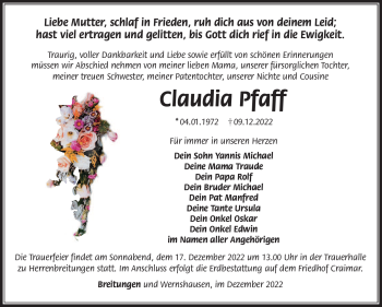 Traueranzeige von Claudia Pfaff von Südthüringer Presse