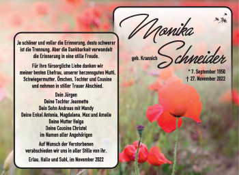 Traueranzeige von Monika Schneider von Südthüringer Presse