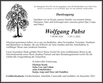 Traueranzeige von Wolfgang Pabst von Südthüringer Presse