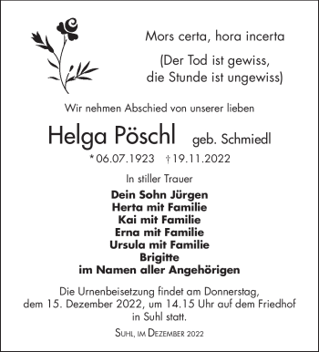Traueranzeige von Helga Pöschl von Südthüringer Presse