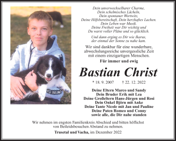 Traueranzeige von Bastian Christ von Südthüringer Presse