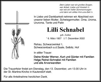 Traueranzeige von Lilli Schnabel von Frankenpost