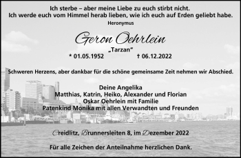 Traueranzeige von Geron Oehrlein von Neue Presse Coburg