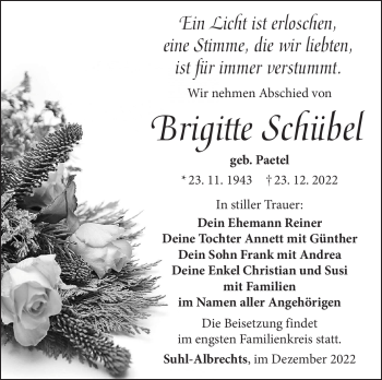 Traueranzeige von Brigitte Schübel von Südthüringer Presse