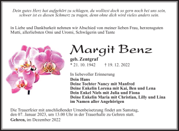 Traueranzeige von Margit Benz von Südthüringer Presse