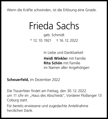 Traueranzeige von Frieda Sachs von Neue Presse Coburg