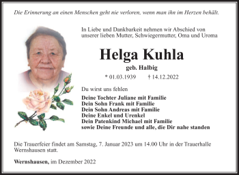 Traueranzeige von Helga Kuhla von Südthüringer Presse