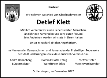 Traueranzeige von Detlef Klett von Südthüringer Presse