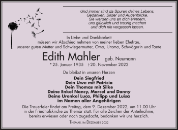 Traueranzeige von Edith Mahler von Südthüringer Presse