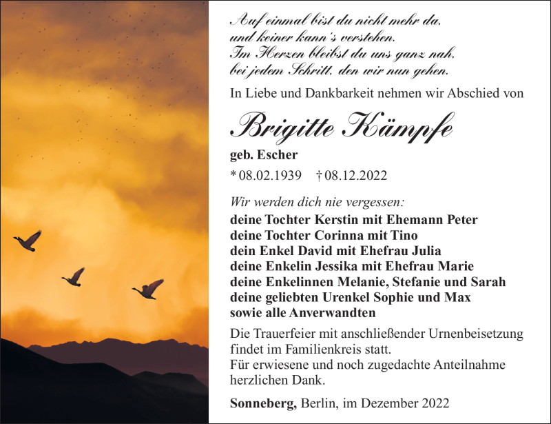  Traueranzeige für Brigitte Kämpfe vom 17.12.2022 aus Südthüringer Presse