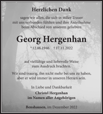 Traueranzeige von Georg Hergenhan von Südthüringer Presse