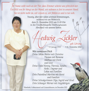 Traueranzeige von Hedwig Zickler von Südthüringer Presse