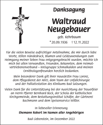 Traueranzeige von Waltraud Neugebauer von Südthüringer Presse