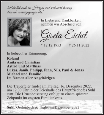 Traueranzeige von Gisela Eichel von Südthüringer Presse
