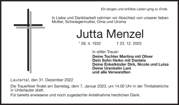 Traueranzeige von Jutta Menzel von Neue Presse Coburg