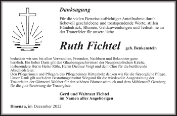 Traueranzeige von Ruth Fichtel von Südthüringer Presse