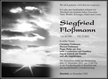 Traueranzeige von Siegfried Floßmann von Südthüringer Presse
