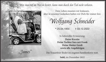 Traueranzeige von Wolfgang Schneider von Südthüringer Presse