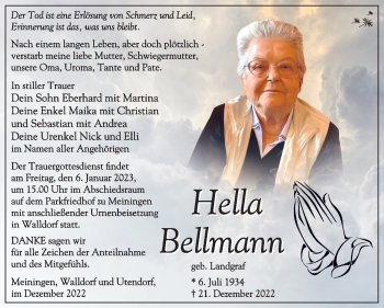 Traueranzeige von Hella Bellmann von Südthüringer Presse