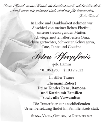 Traueranzeige von Petra Pfropfreis von Südthüringer Presse