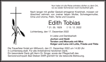 Traueranzeige von Edith Tobias von Frankenpost